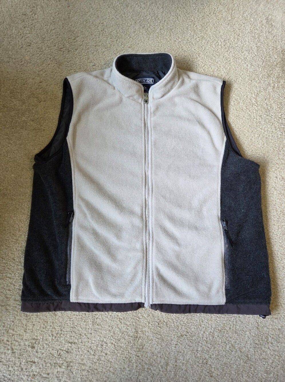 Lands' End Cream And Dark Gray Fleece Zip Vest Size XL
